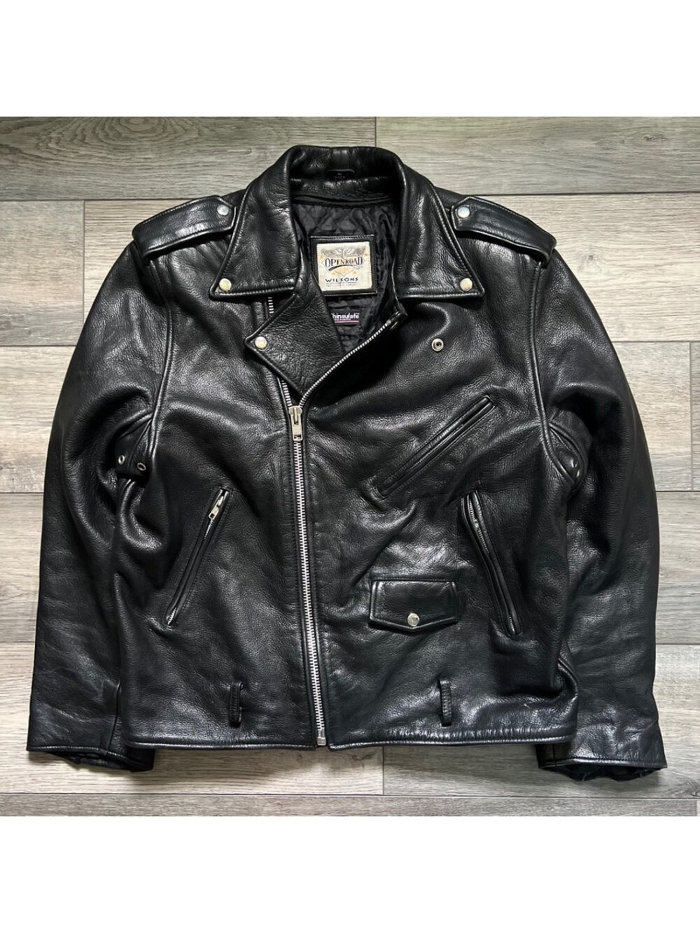 Vintage Wilsons Open Road Leather Men's L Motorcycle Biker Jacket Black w/ Liner
